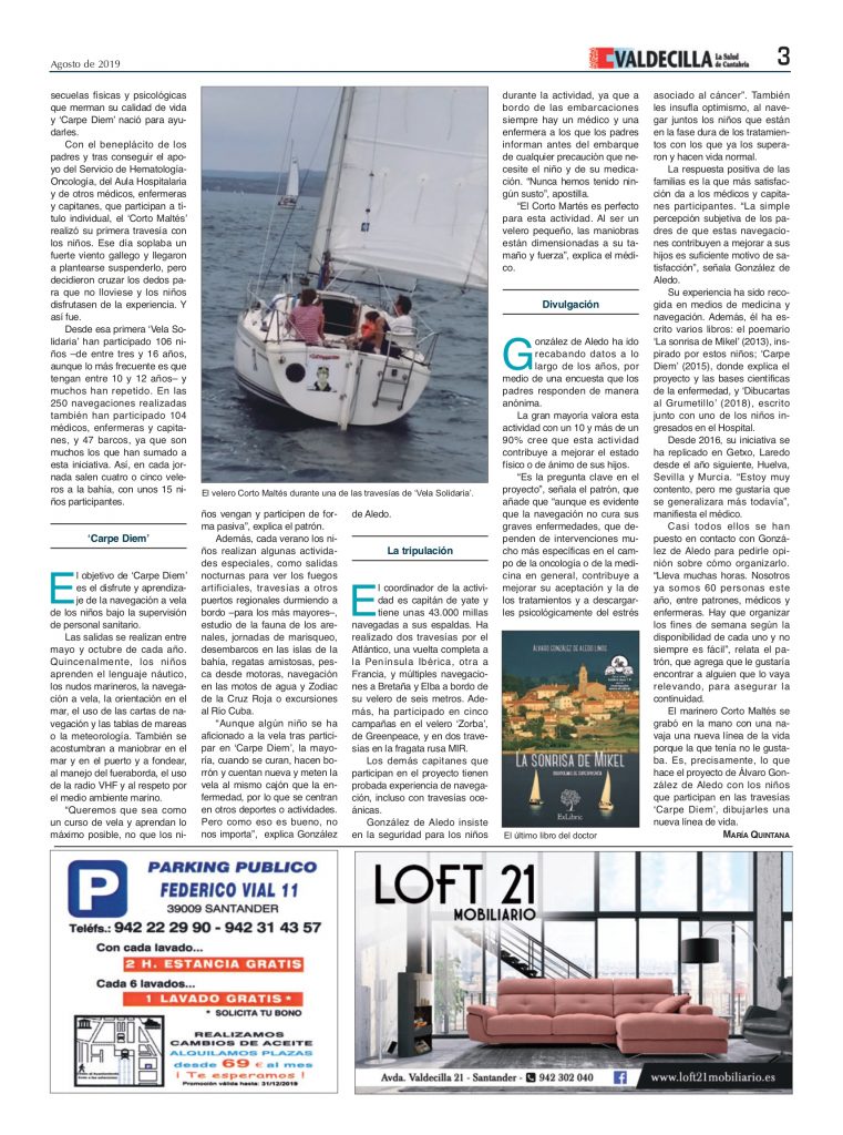 Álvaro González de Aledo Linos habla sobre sus terapias náuticas en la revista 'Valdecilla'
